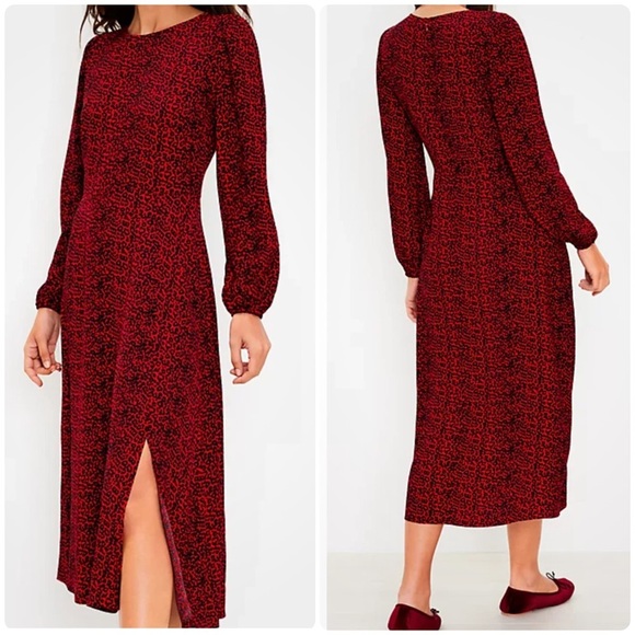 LOFT Animal Print Slit Midi Maxi Dress Long Sleeves Tango Red Holiday size 4 NEW - Picture 1 of 14